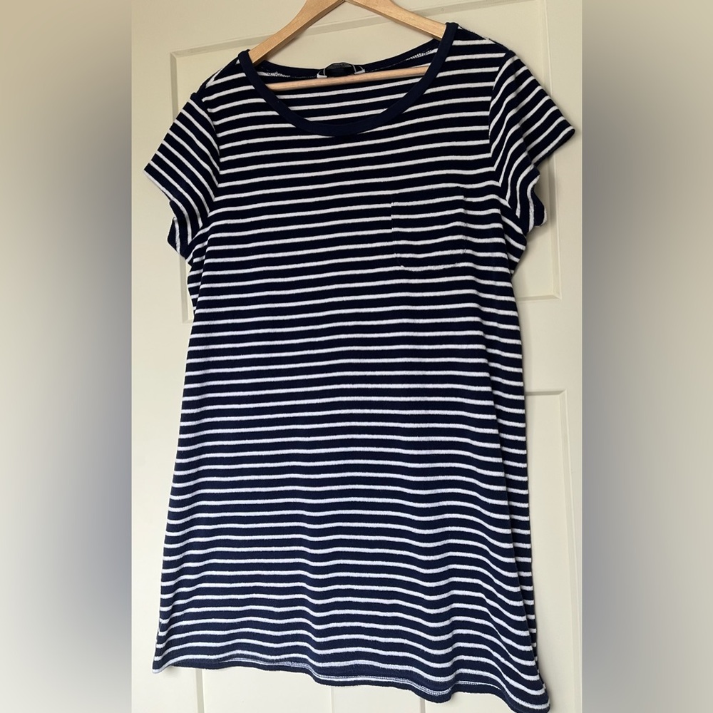 Lands End Terry Cloth Navy and White Striped Tee Dress